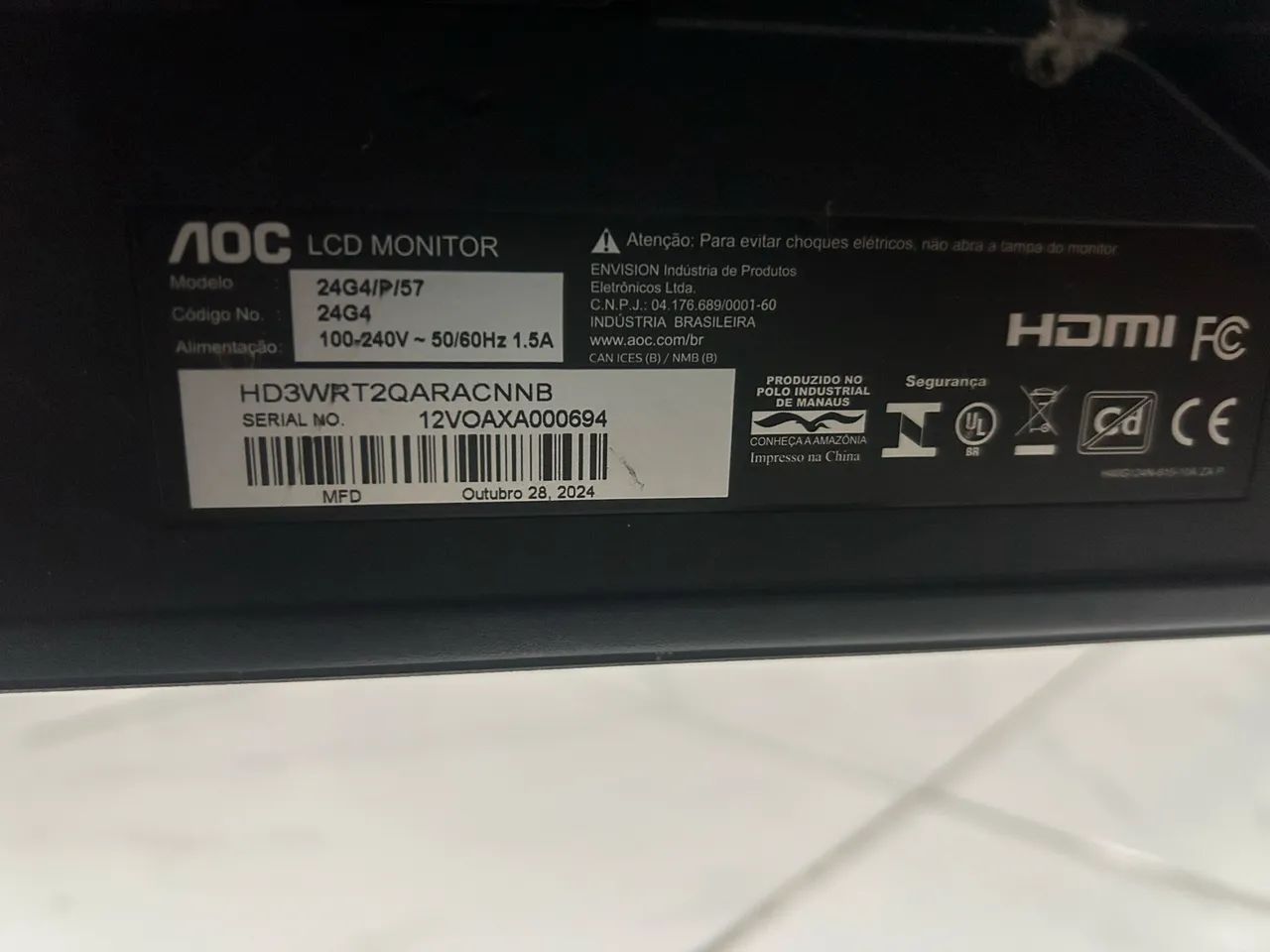 Monitor Gamer AOC 180Hz IPS - Excelente Estado (Sem Cabo HDMI) - Foto 3