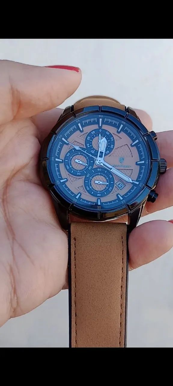 Relógio masculino poedagar - pulseira em couro marrom - Foto 2
