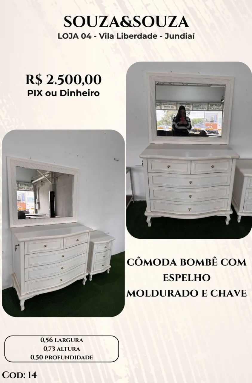 Cômoda Bombê 5 gavetas com chave e espelho