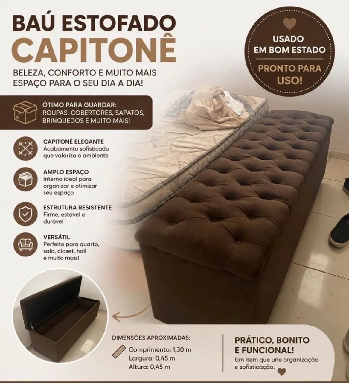 Baú Recamier Capitonê Marrom - Elegante, Espaçoso e em Ótimo Estado