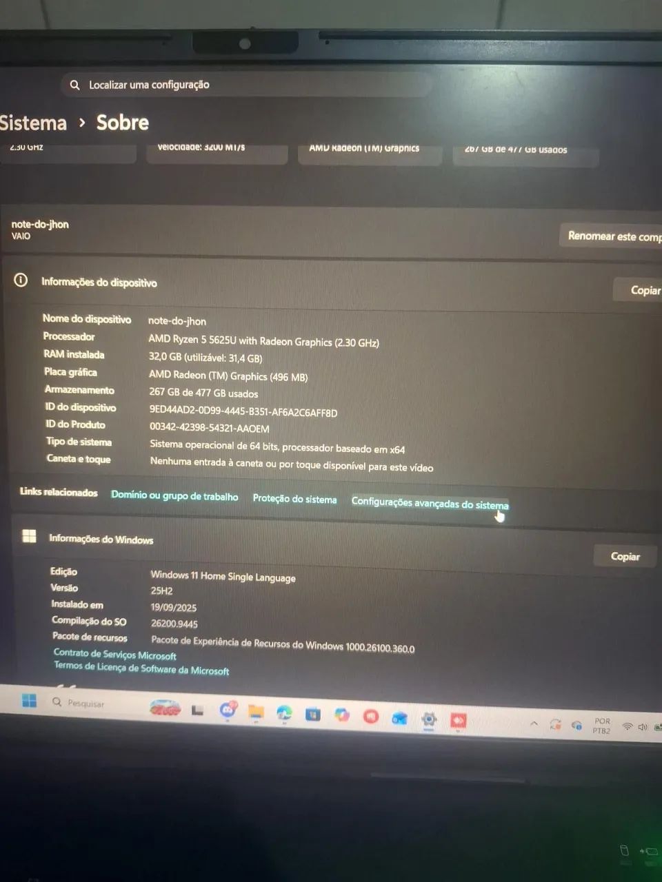 Notebook VAIO ryzen 5 5625U 32ram 512gb  - Foto 2