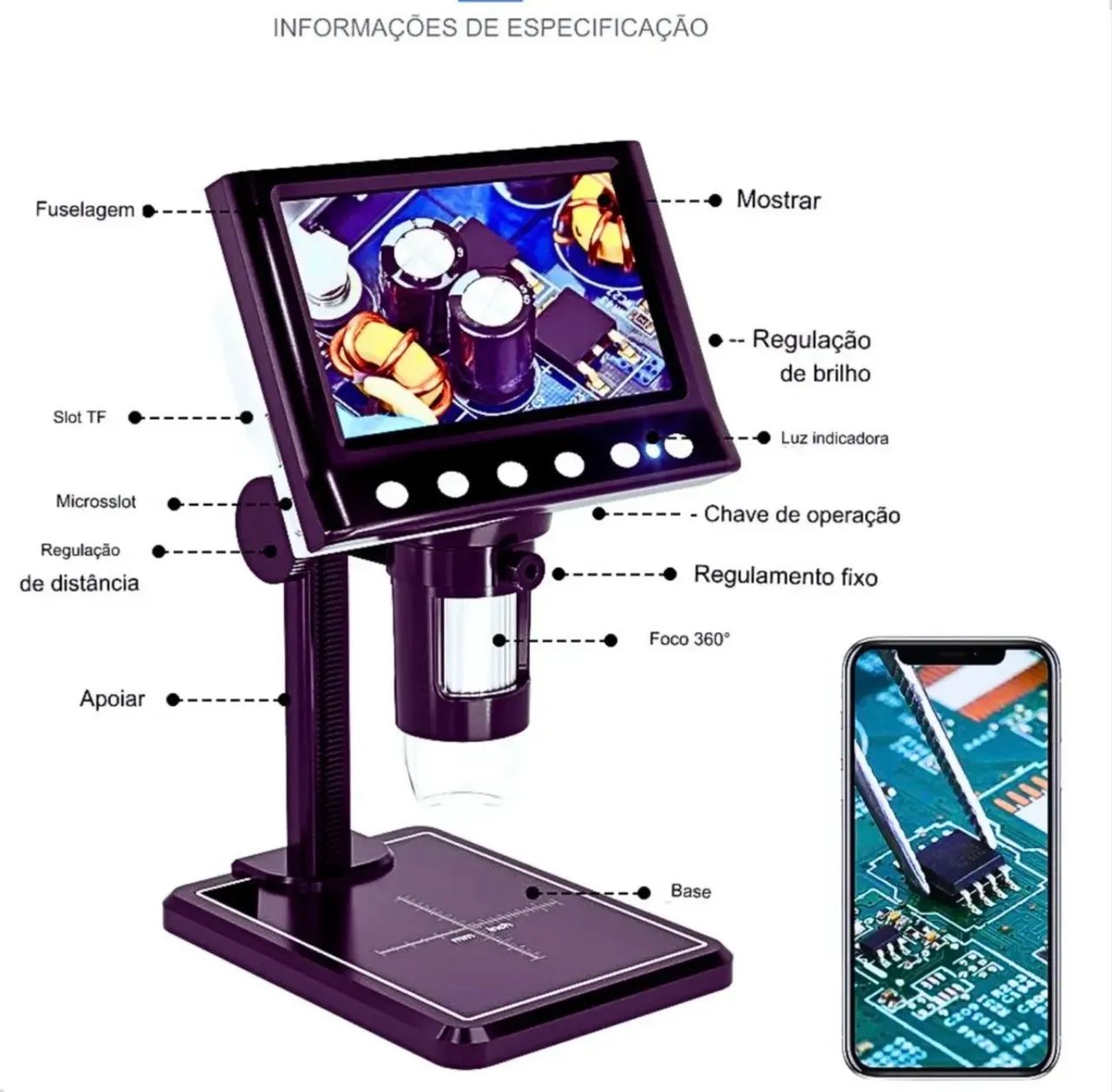 Microscópio Digital Lâmina Bancada 1000x 2.0mp USB 4.3 LCD