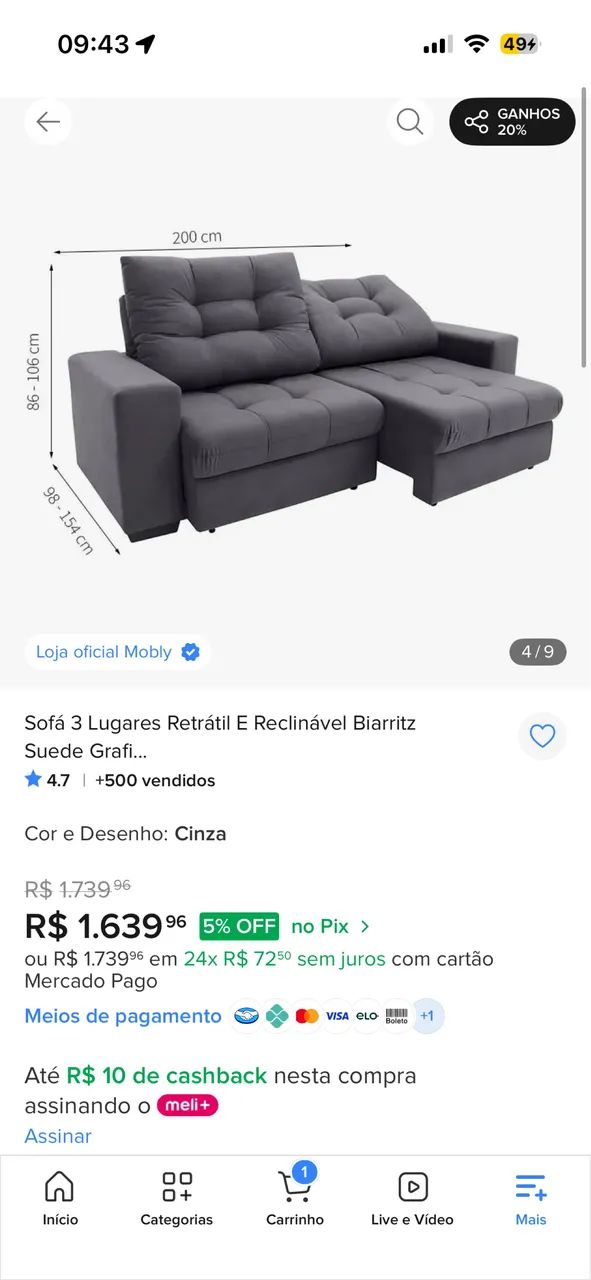 Sofá 3 lugares retrátil cinza  - Foto 3