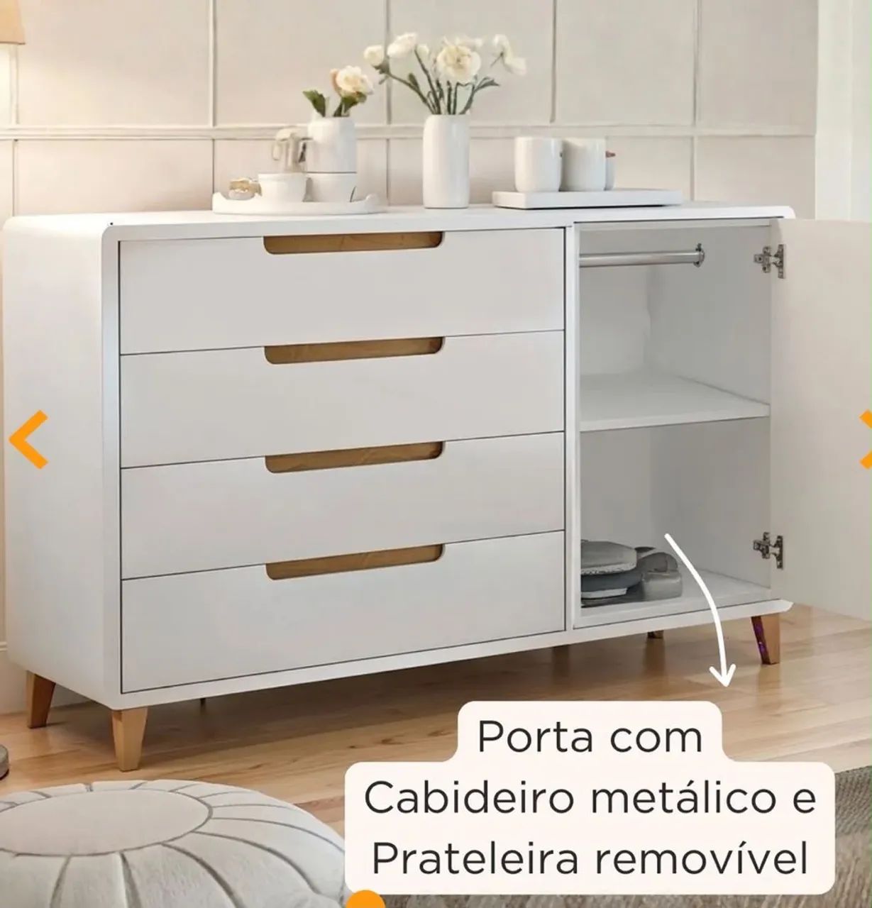 Cômoda Bebê Infantil Branca MDF 4 Gavetas + Cabideiro | Nova - Foto 3