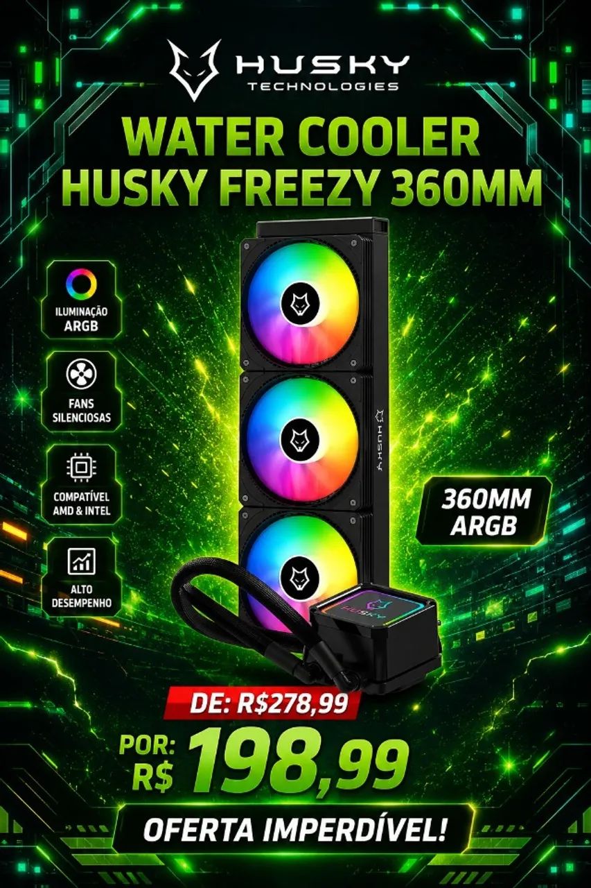Water Cooler Husky Freezy, Iluminação ARGB, 360mm, AMD e Intel, Preto - HWT300PT