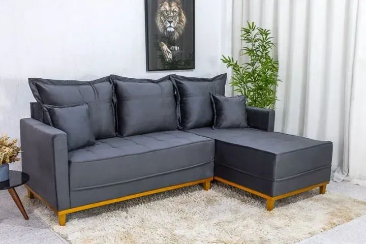 Sofá 3 Lug. Milão C/Chaise Lado Esquerdo Veludo Cinza 814 Larg. 2.30m - Molas Ensacadas