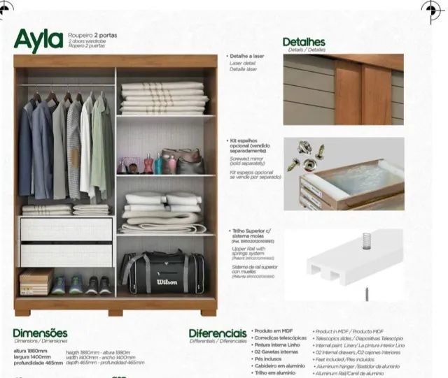 Guarda Roupa em 100%MDF Modelo Ayla (Acp Móveis) C/Espelho - Foto 2