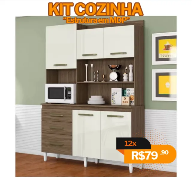 Kit Cozinha em MDP - 5 Portas, 3 Gavetas, Puxadores de Plástico e Amplo Espaço