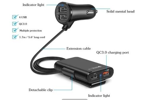 Carregador Veicular Turbo 36w 4 Saídas Usb Cabo 1.8 Metros Preto - Foto 3