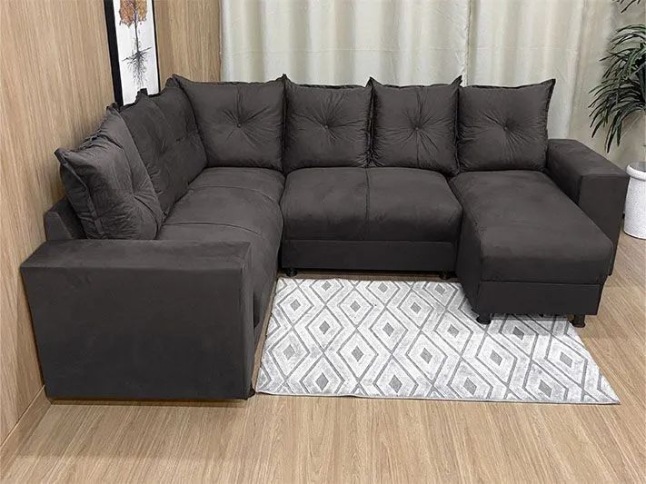 Sofá de Canto 5 Lugares com Chaise Almofadas Soltas Suede Marrom - Foto 2