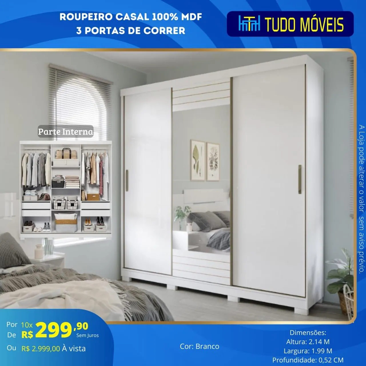 ROUPEIRO CASAL 100% MDF / 3 PORTAS DE CORRER 4 GAVETAS