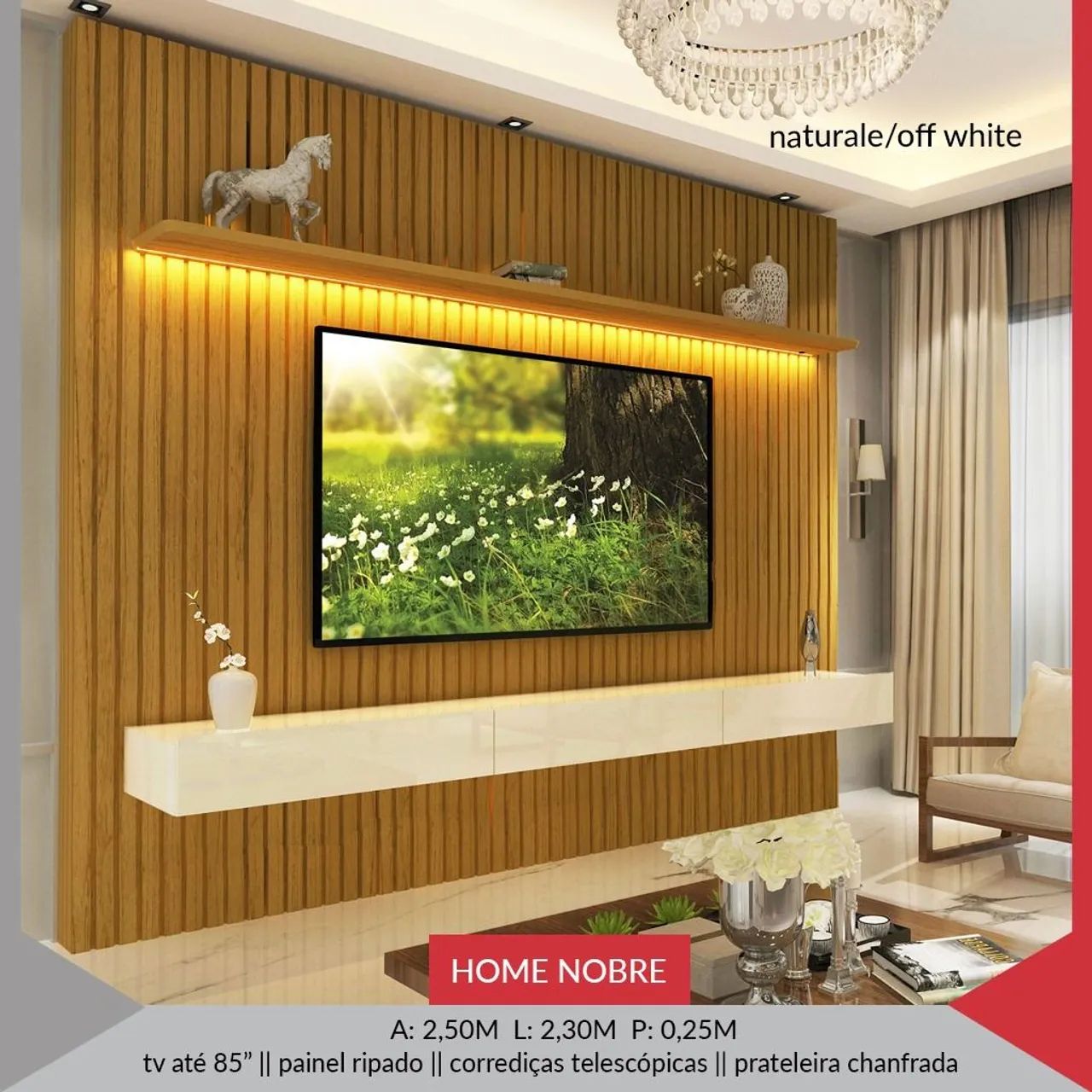 Painel Ripado para TV Home Nobre 2,50m - Natural/Off White