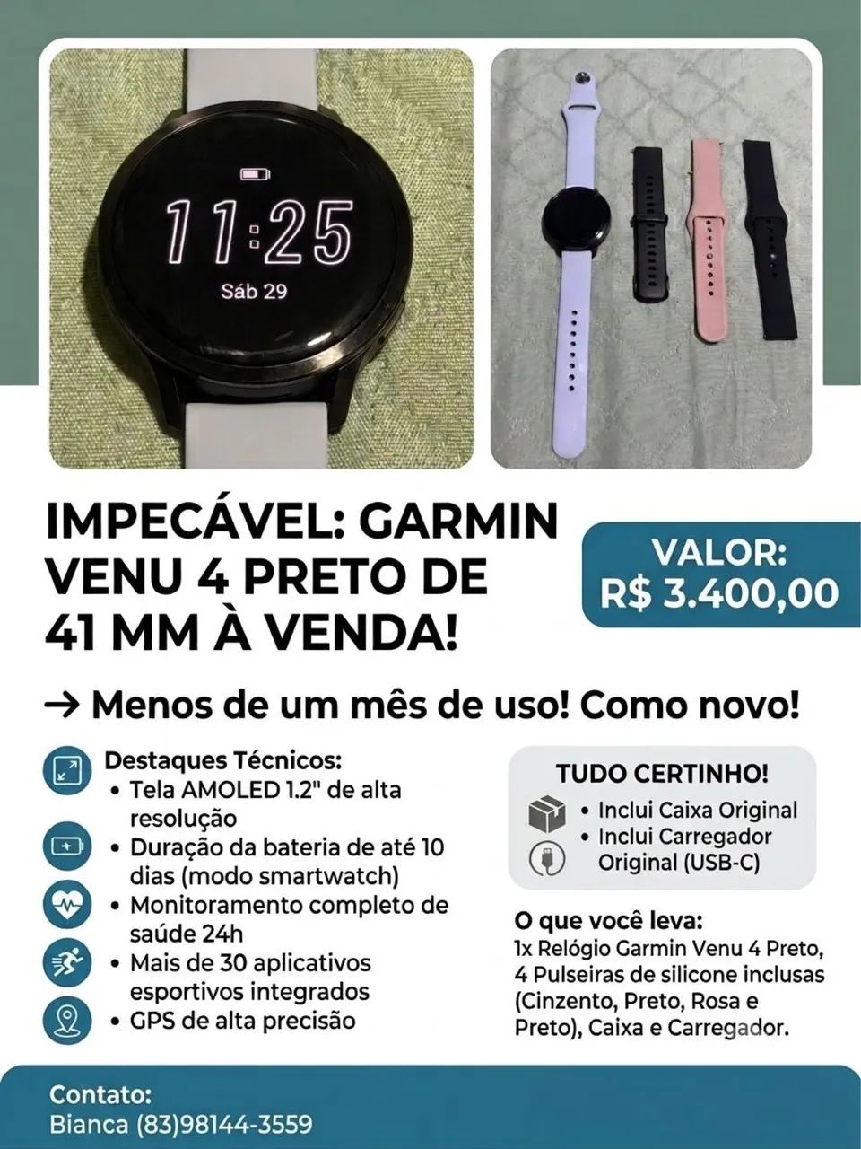 RELÓGIO GARMIN VENU 4 - 41mm PRETO - Foto 4