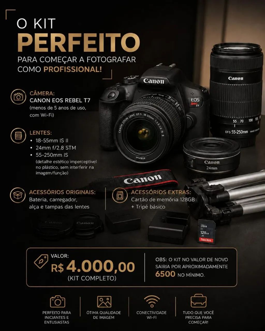 Kit Câmera + lentes + acessórios 