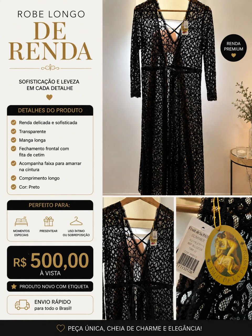 ROBE LONGO RENDA PRETO FRUIT DE LA PASSION