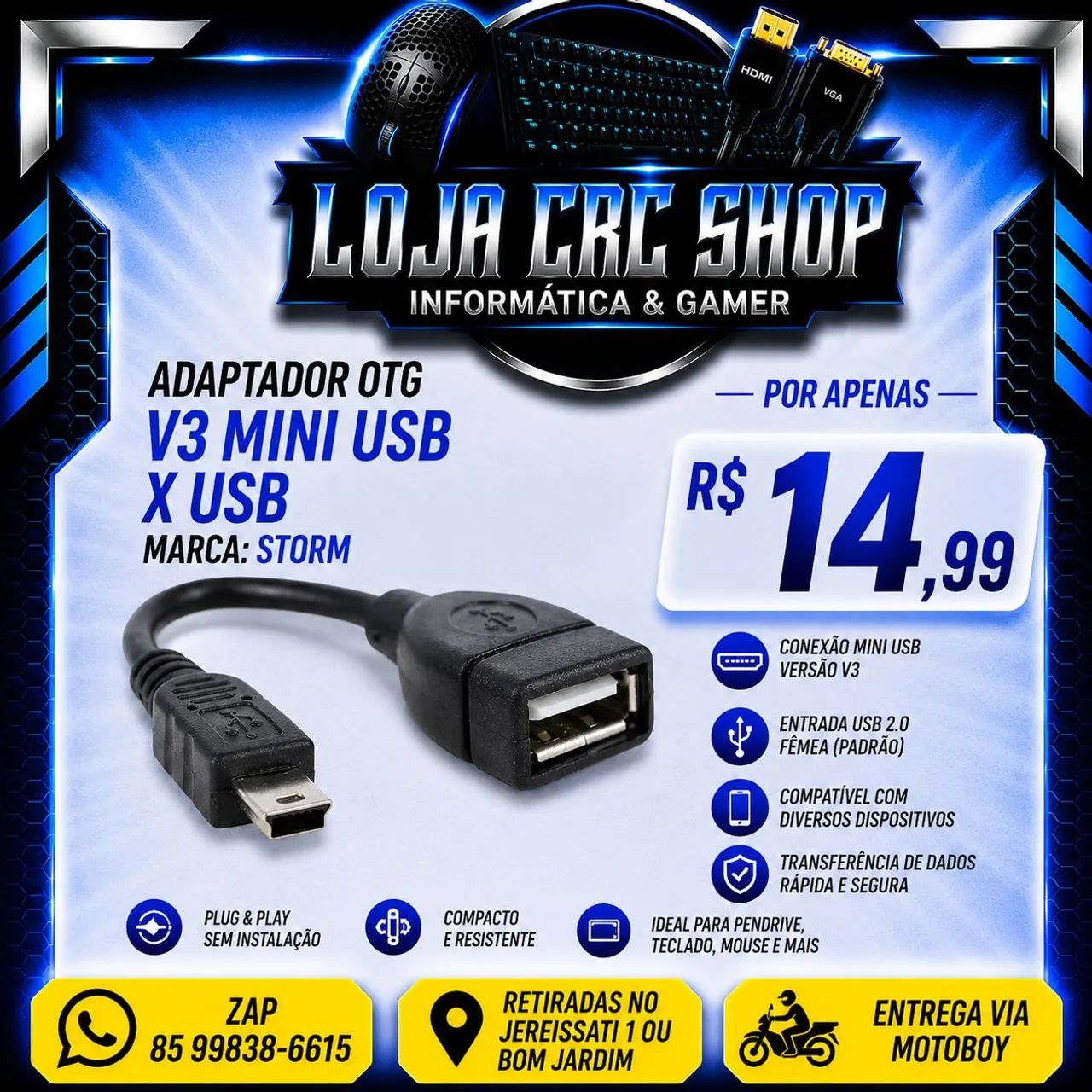 Adaptador OTG Mini USB V3 x USB 