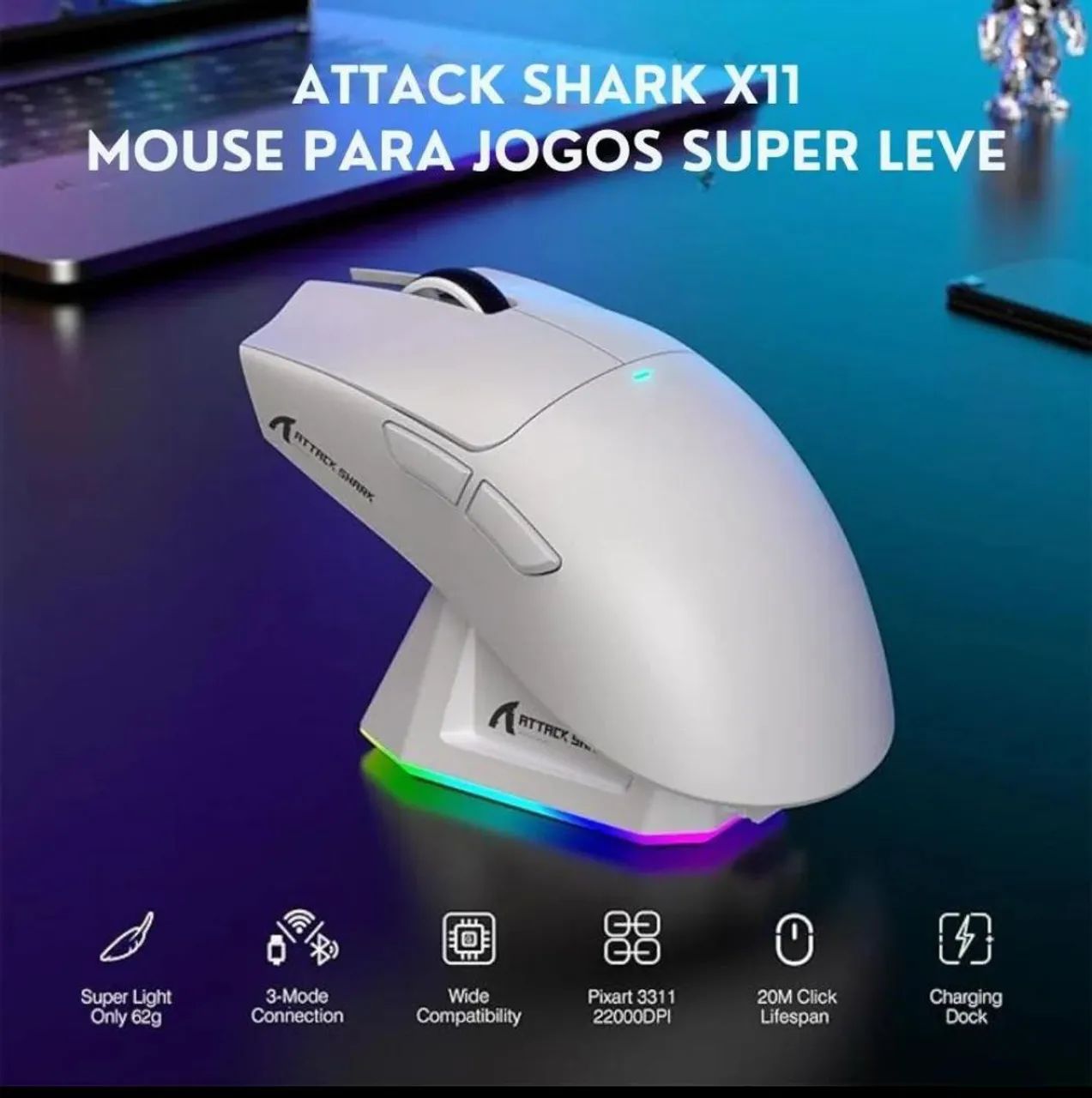 Mouse Gamer Attack Shark X11 Wireless + Dock de Carregamento - Foto 4