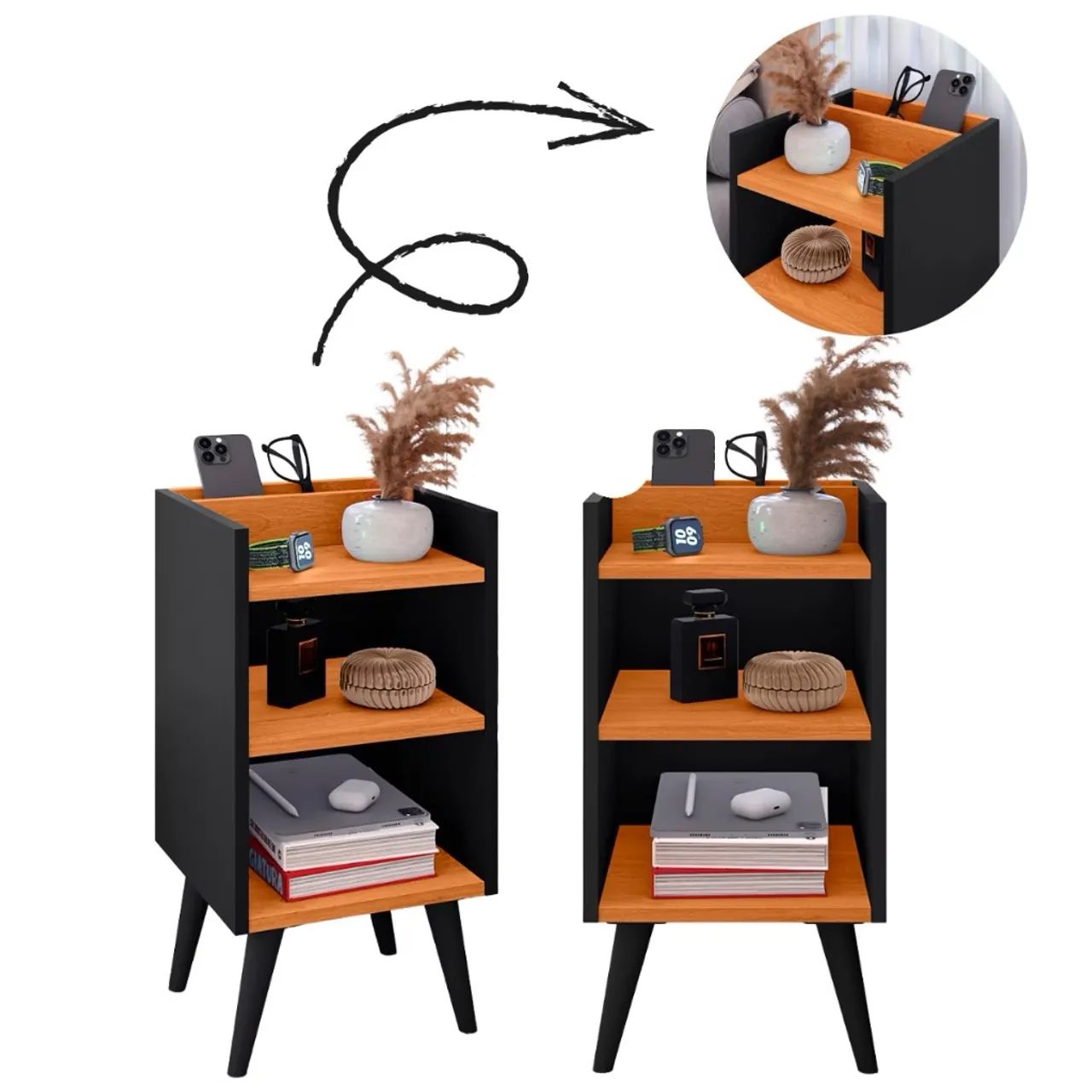 Kit com 2 Mesas de Cabeceira com porta celular - Compacta, Moderna e Funcional  - Foto 2