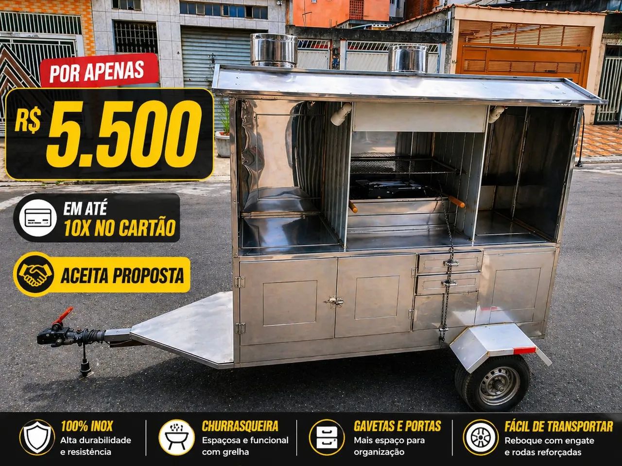 Carrinho de espetinho, aceitamos proposta e cartão.