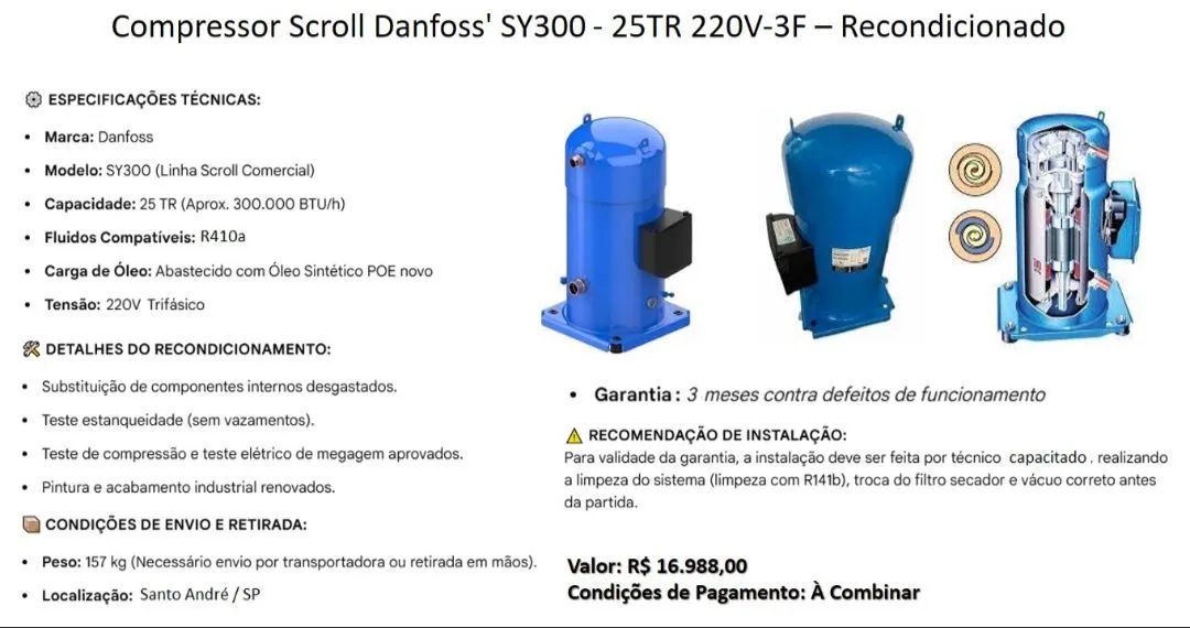 Compressor SCROLL 25 TR fluido 410A Danfoss remanufaturado 3 meses de garantia  - Foto 2