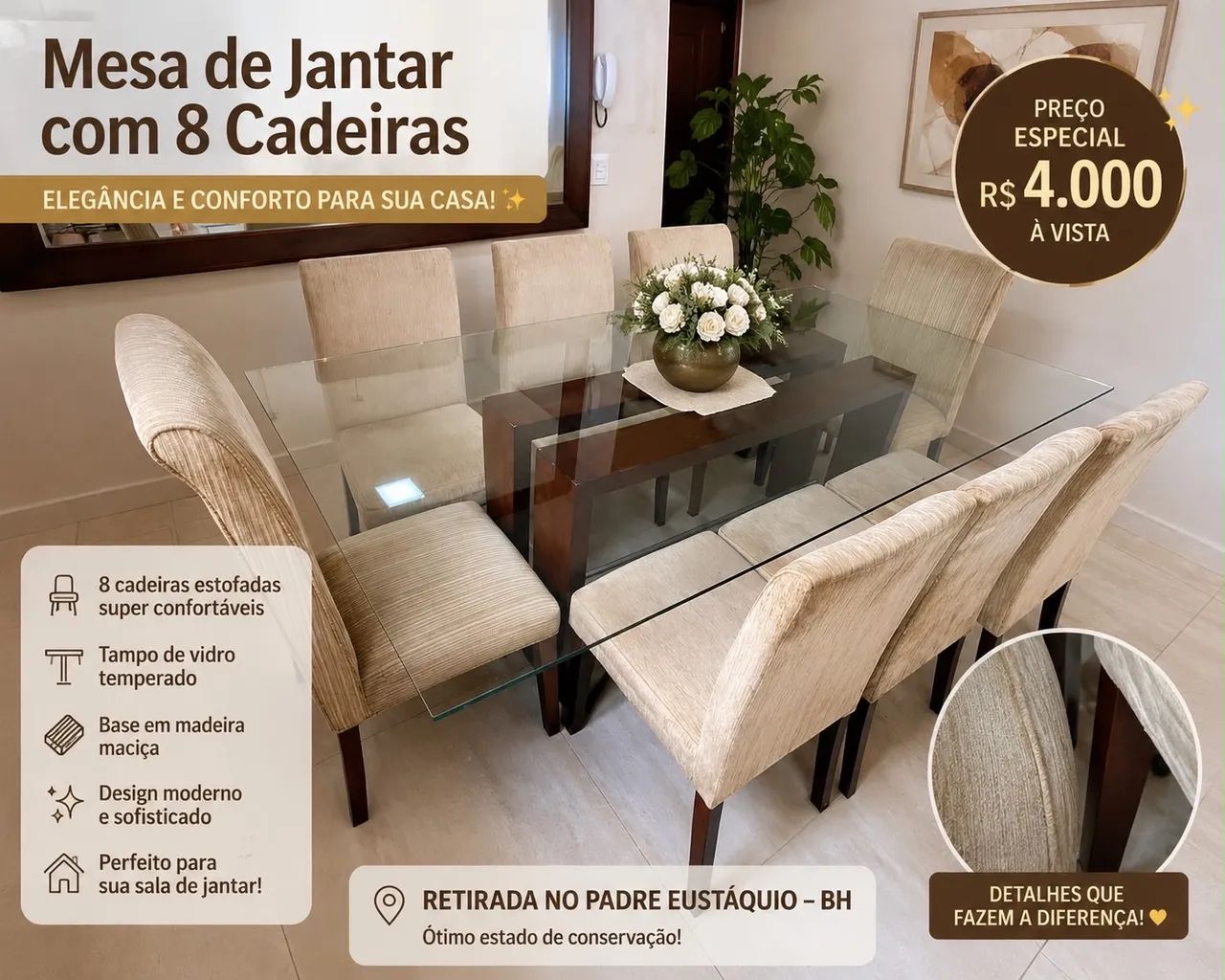 Mesa de vidro com 8 cadeiras - Foto 2