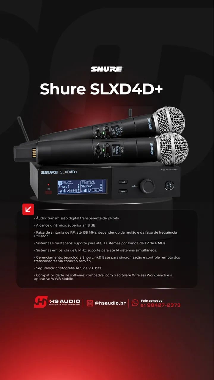 Microfone Sem Fio Duplo Shure SLXD4D+ Digital 2 Canais