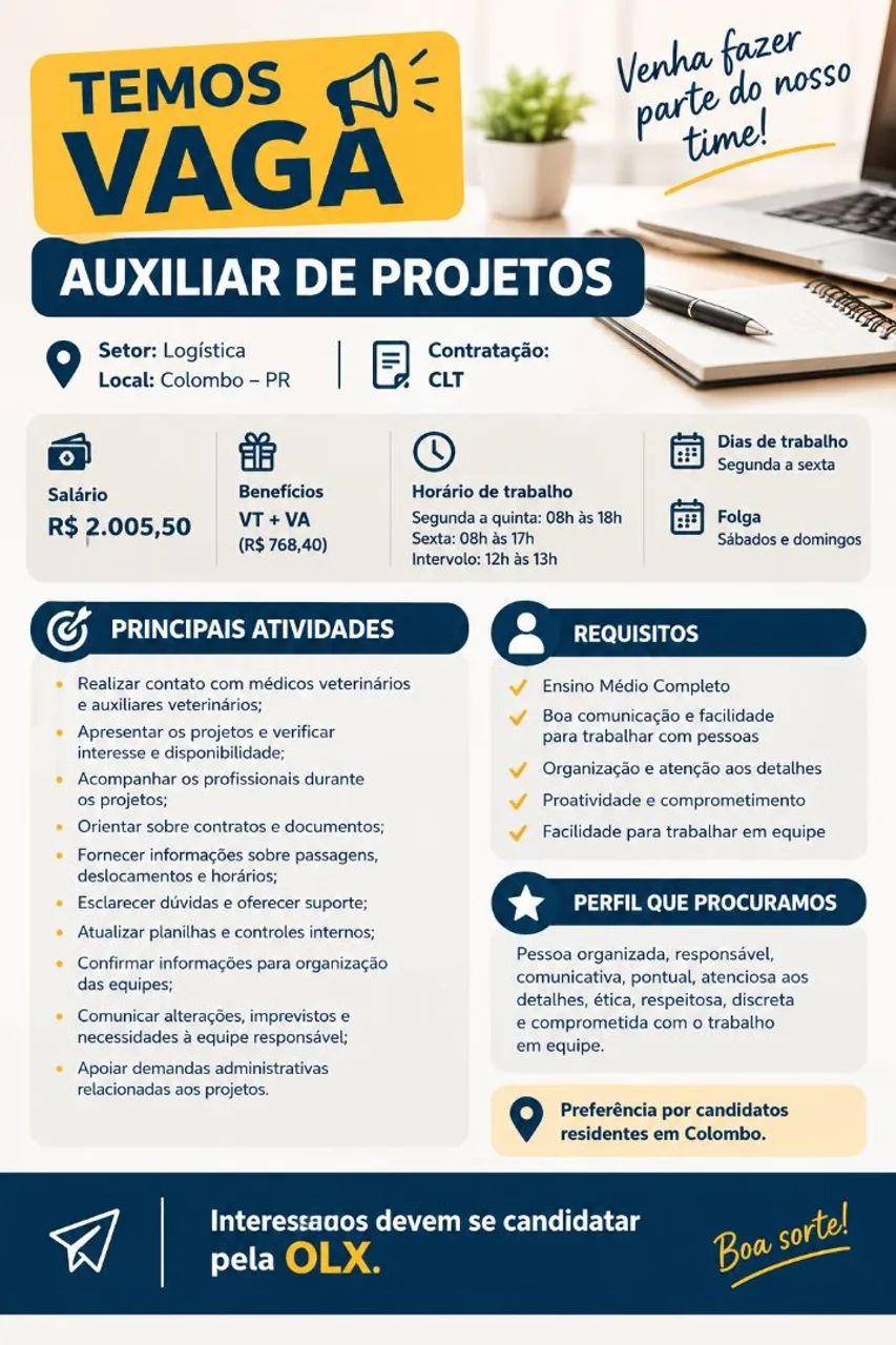 VAGA: AUXILIAR DE PROJETOS<br>
