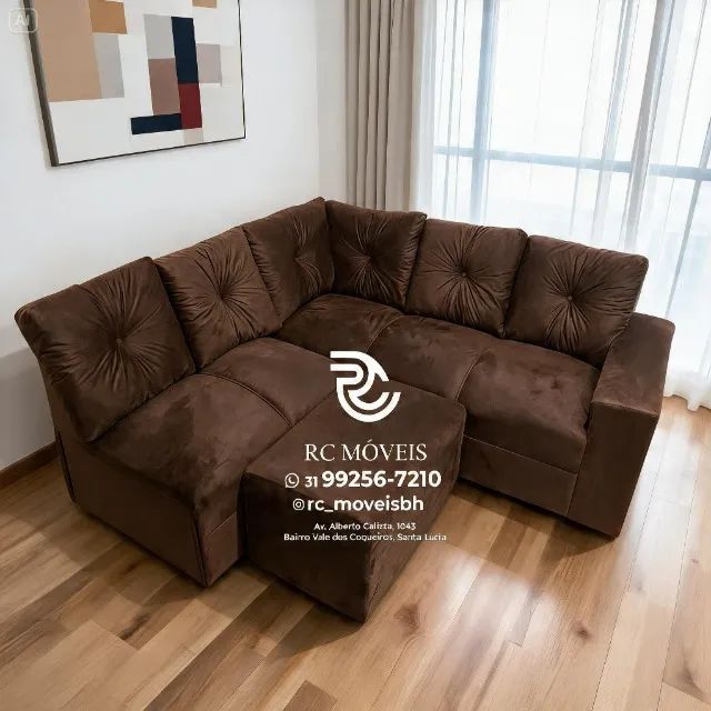 Sofá Canto e Puff Suede Marrom Escuro D33 Resistente - Foto 4
