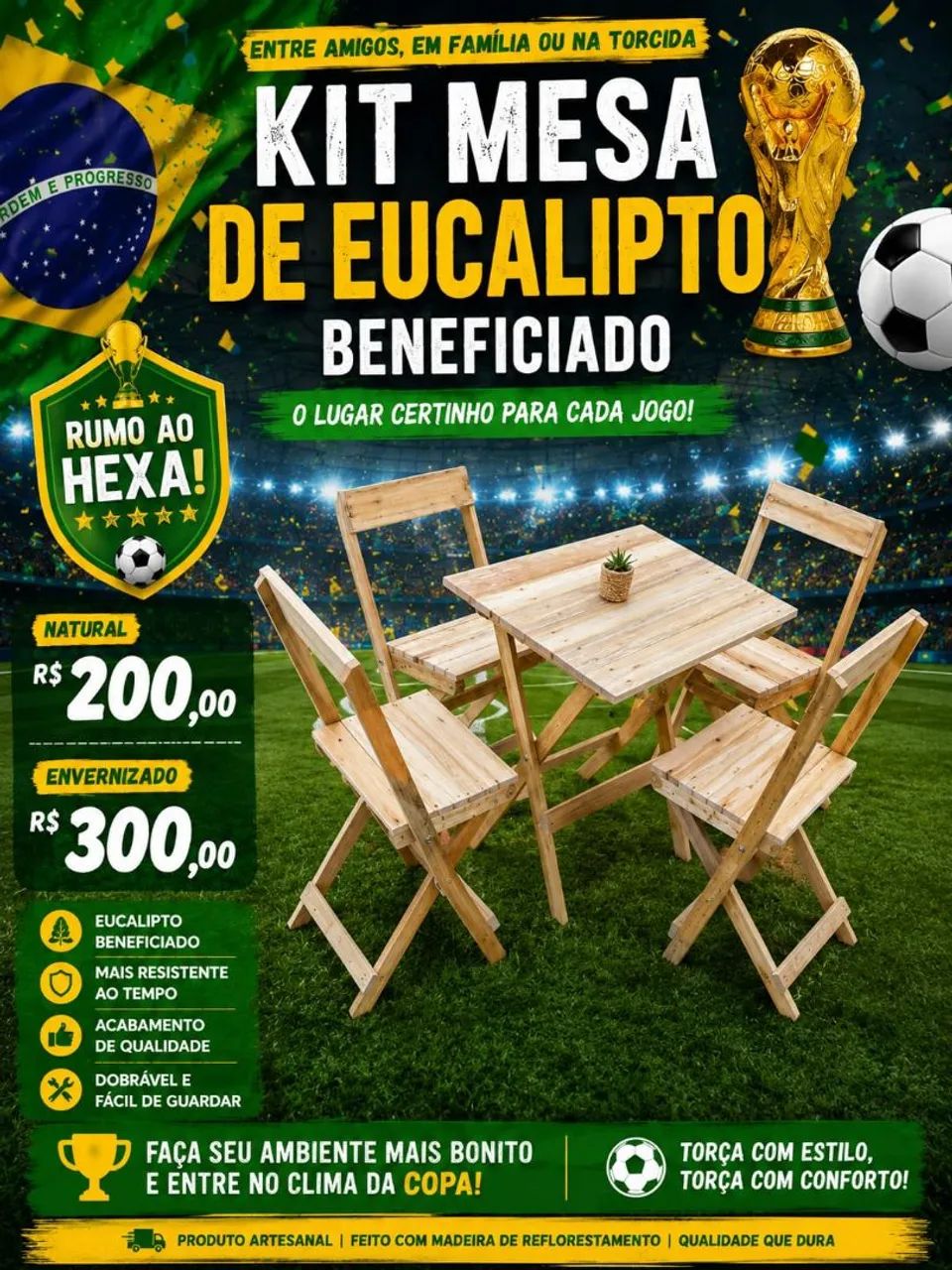 Kit mesa em eucalipto com 4 cadeiras