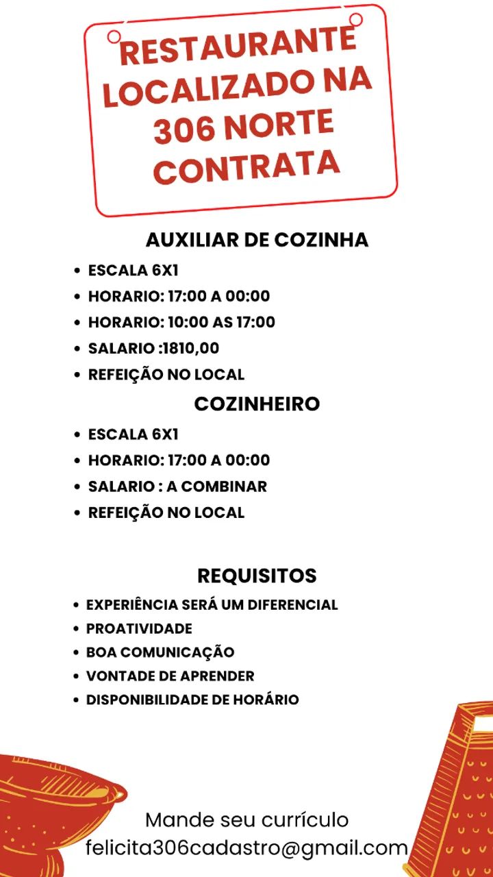 VAGA DE EMPREGO PARA AUXILIAR DE COZINHA E COZINHEIRO
