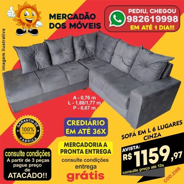 Sofá em "L" 6 lugares cinza em até 10x nos cartões. (Entrega grátis) Móveis Cidade Nova