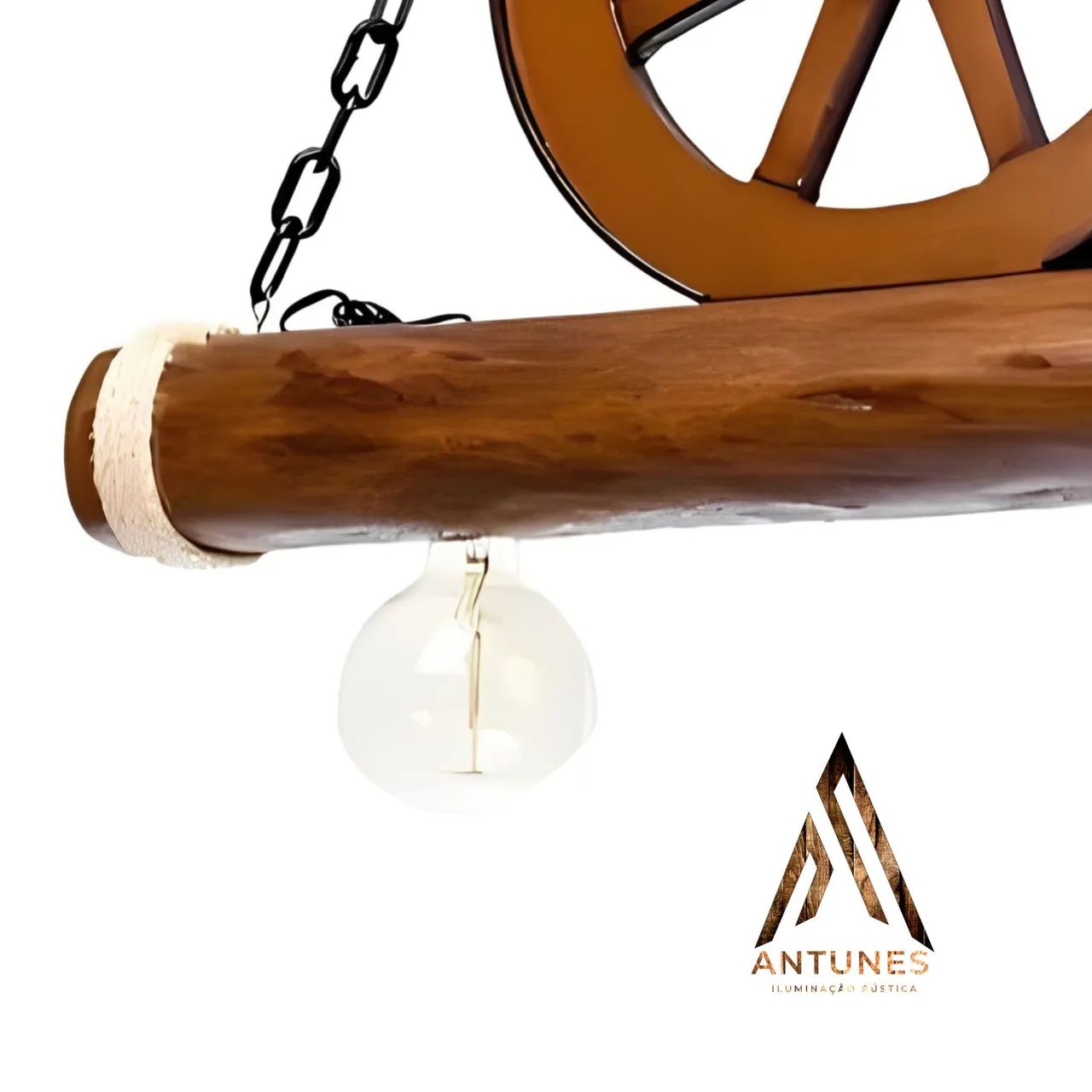Luminária De Madeira 2 Bocal Caibro Redondo Rustico com Roda de Carroça  - Foto 6