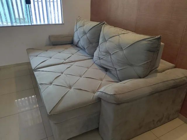 Sofá Retrátil Duas Pessoas Suede Cinza - Foto 4