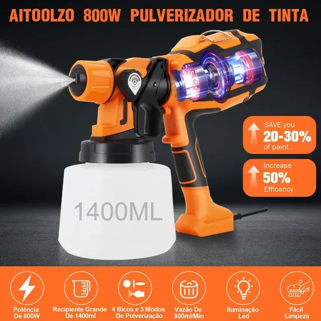 Pistola Pintura Pulverizar Portátil 1400ml Com Led Aitoolzo Laranja - Foto 6
