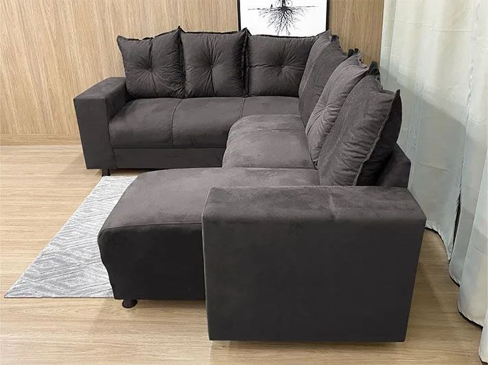 Sofá de Canto 5 Lugares com Chaise Almofadas Soltas Suede Marrom - Foto 3