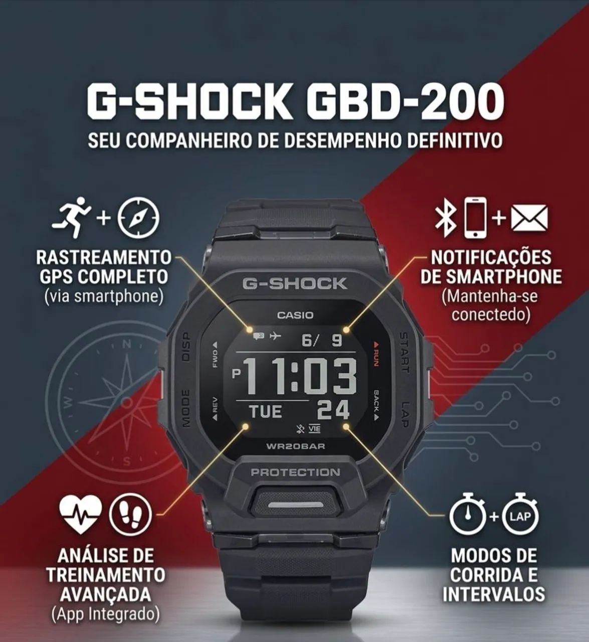 Relógio Casio G-Shock GBD-200-1DR Black - Smart Bluetooth, Display