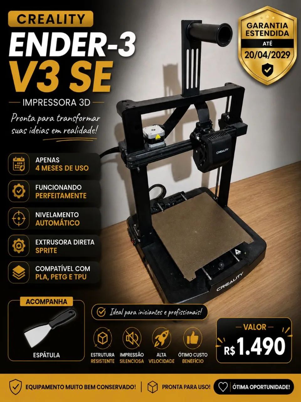 Impressora 3D Creality Ender-3 V3 SE - 4 meses de uso + garantia até 2029