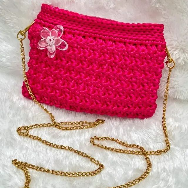 Bolsa De Crochê Mini Transversal Feminina Alça Dourada