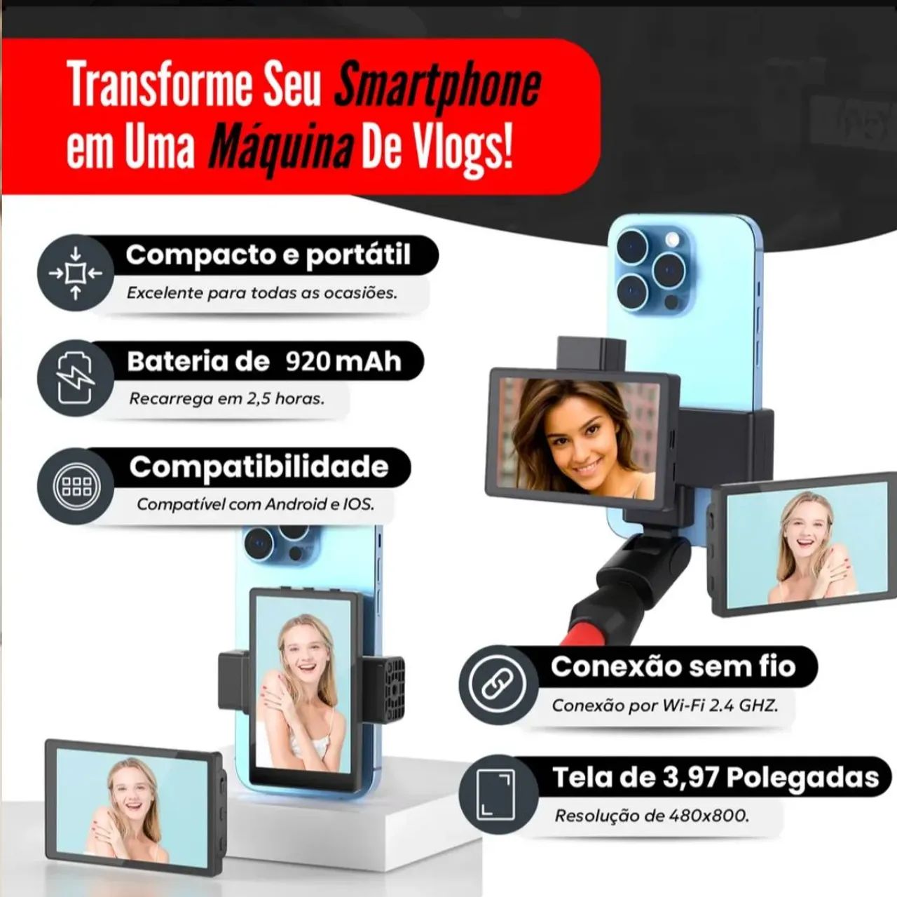 Monitor Celular Câmera Traseira Kingma Selfie Screen Vlog NF - Foto 2