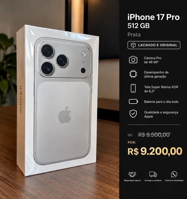 IPHONE 17 PRO, PRATA, 512 GB, NOVO, LACRADO, ORIGINAL