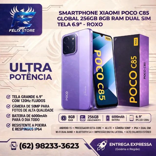 Poco C85 256GB 8GB RAM Roxo Xiaomi PRONTA ENTREGA EM GOIANIA
