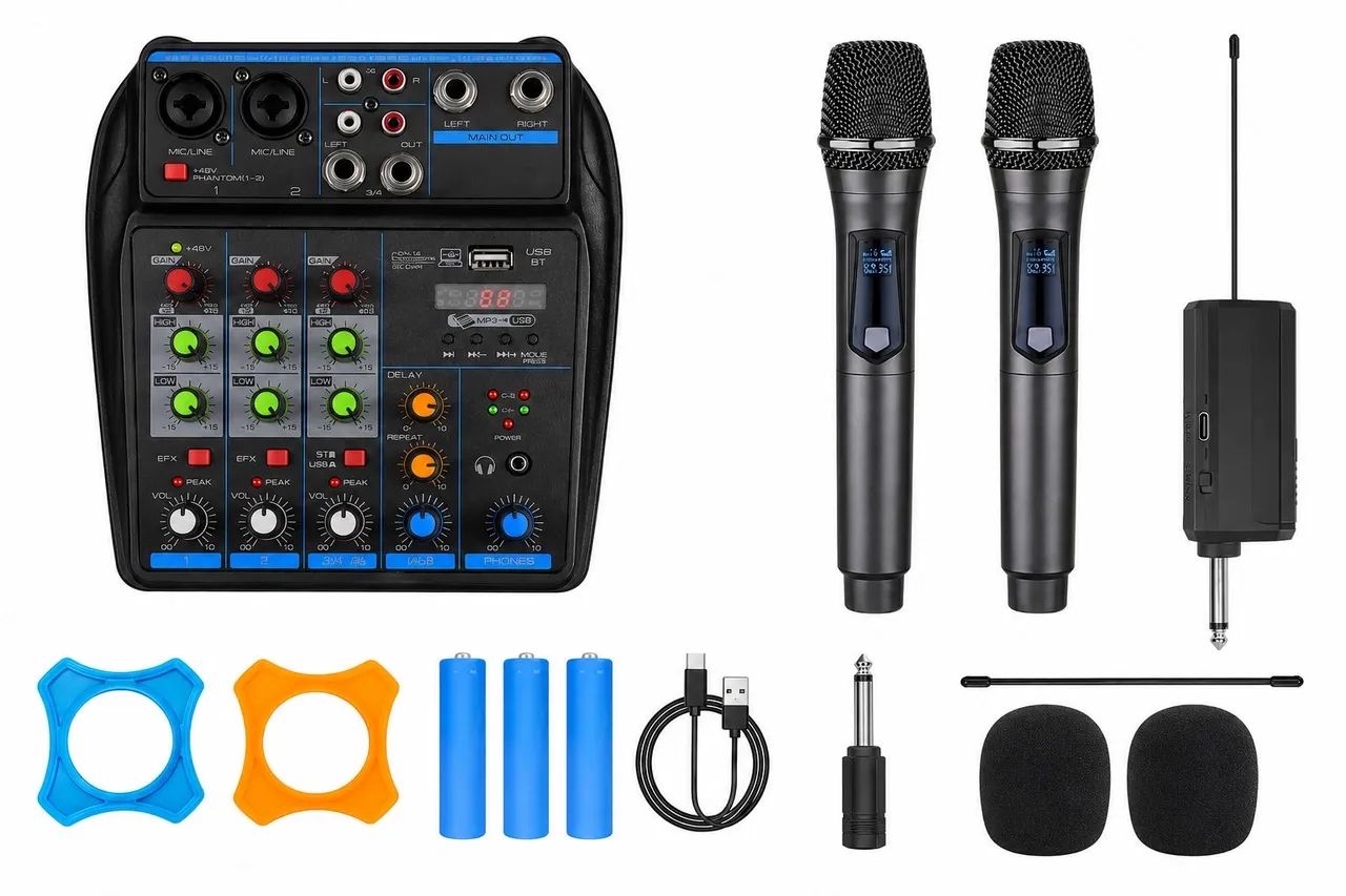 Imperdível! Kit Microfone + Mesa de Som 4 Canais Bluetooth/ Pen Drive