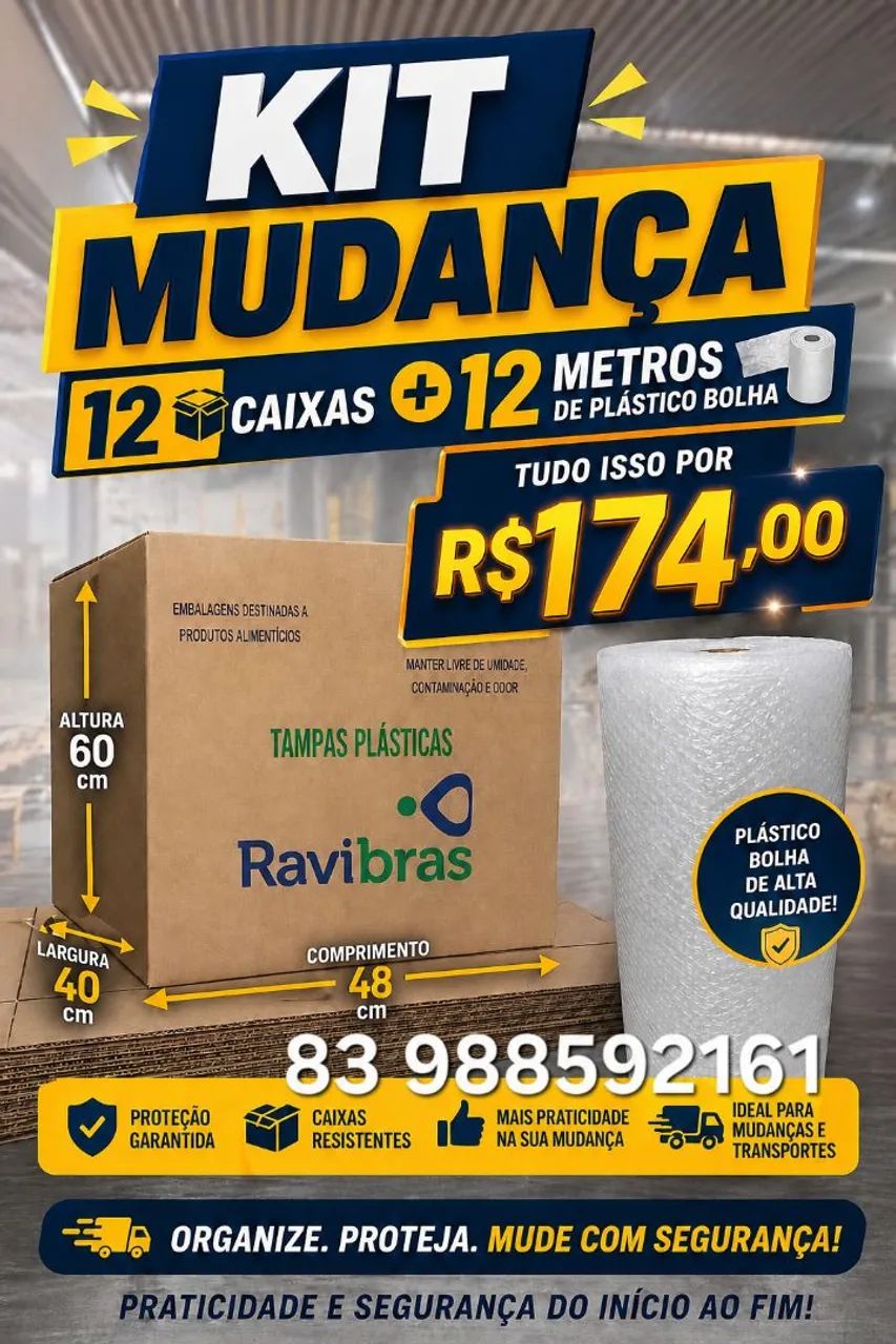Caixas de papelão kit Mudança 12 caixas grandes +12 metros de plástico bolha R$174.00 JP