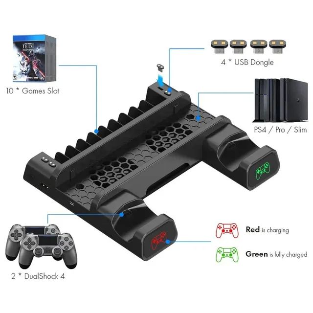 Suporte para PS4 com ventoinha de resfriamento para PS4 Slim/PS4  Pro/PlayStation 4, suporte vertical para PS4 com estação de carregamento de  controle duplo e armazenamento de 16 jogos