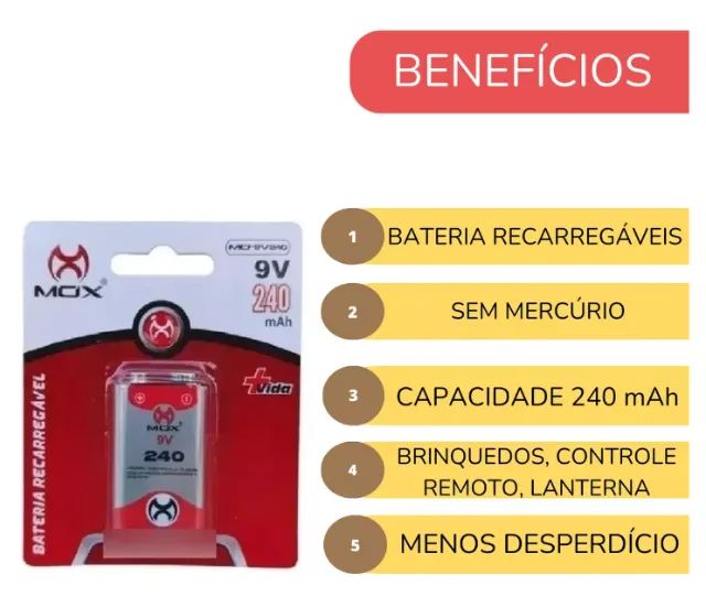 Bateria 9V Recarregavel 240Mah Mox MO-9V240 - Foto 3