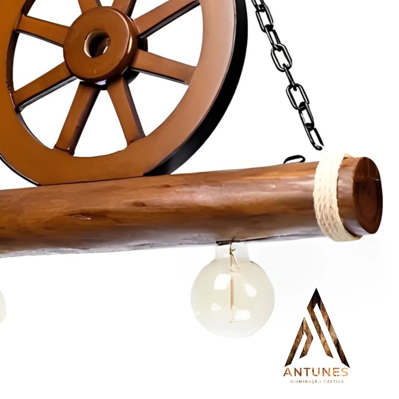 Luminária De Madeira 2 Bocal Caibro Redondo Rustico com Roda de Carroça  - Foto 3