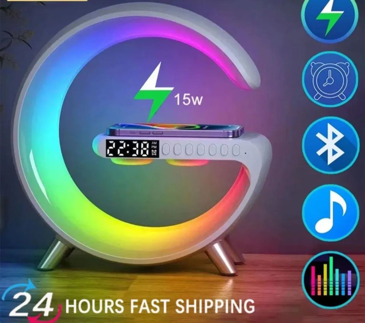 Luminária de Mesa com Carregador Wireless, Bluetooth, Rádio e LED RGB