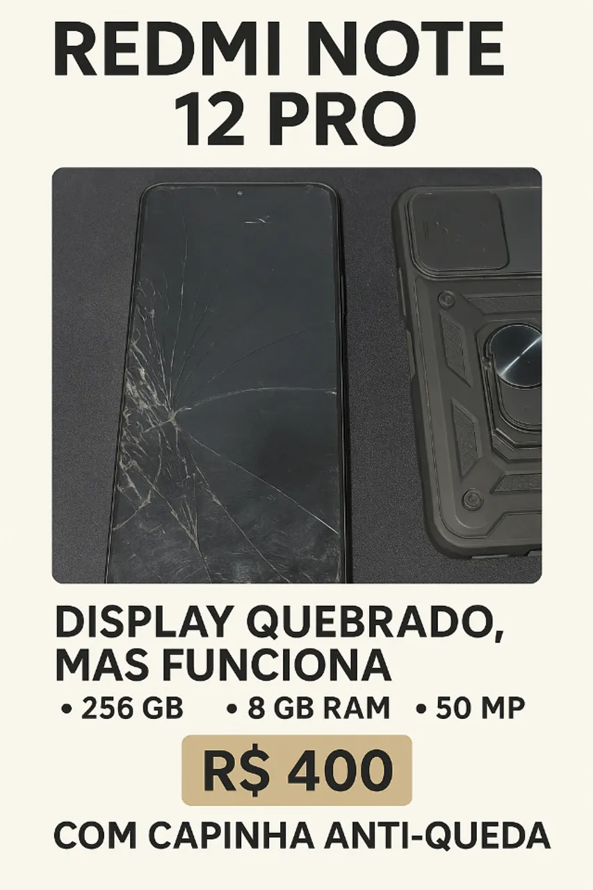 Redmi Note 12 Pro 256GB / 8GB RAM - Tela Quebrada, Funcionando! + Capa Anti-queda