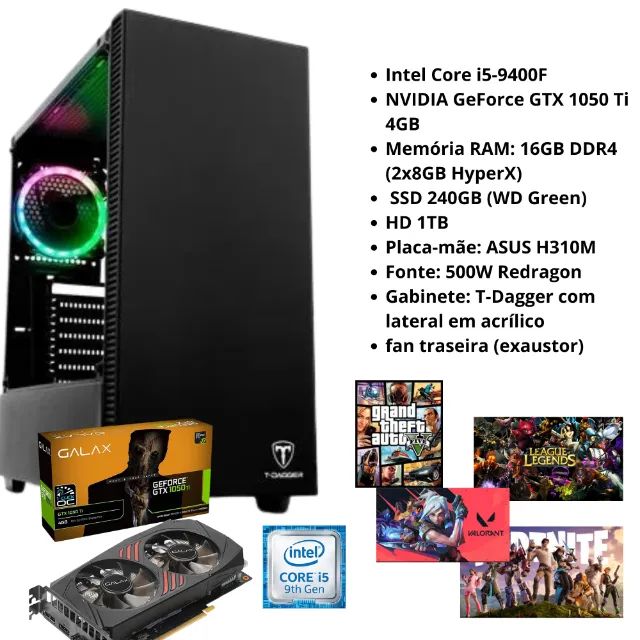PC Gamer GTX 1050 Ti, Intel I5-9400T, 16 Go RAM, 1 To, Kolink, Occasion