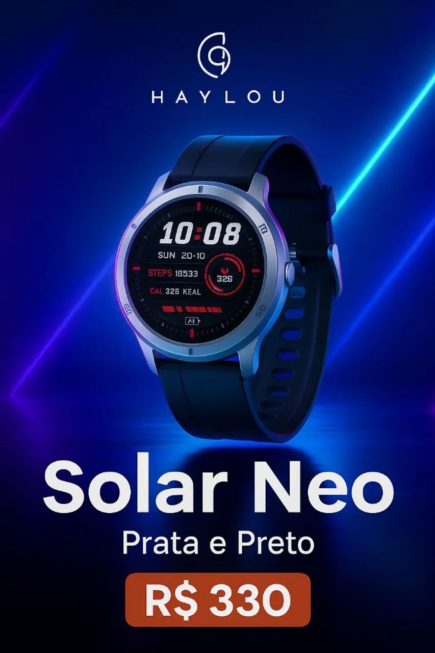 Haylou Solar Neo Prata e Preto - Smartwatch com Tela AMOLED